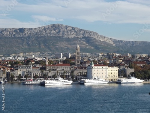 Panorama of Split, Croatia. In the foreground the old town, located inside the walls of the palace of roman emperor Diokletian.