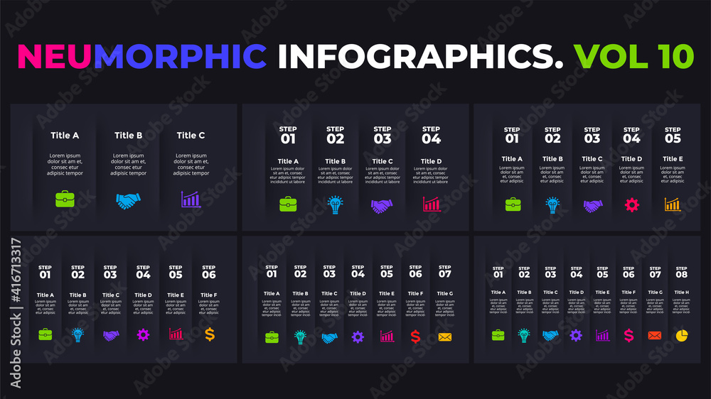 Neumorphic Vector Infographic. Dark banners set. 3, 4, 5, 6, 7, 8 steps. Presentation slide template. Neumorphism ui design. Clean minimal flat style. Neumorphic Vector Infographic. Dark banners set. 3, 4, 5, 6, 7, 8 steps. Presentation slide template. Neumorphism ui design. Clean minimal flat style.
