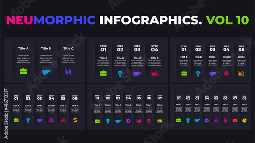 Neumorphic Vector Infographic. Dark banners set. 3, 4, 5, 6, 7, 8 steps. Presentation slide template. Neumorphism ui design. Clean minimal flat style. 