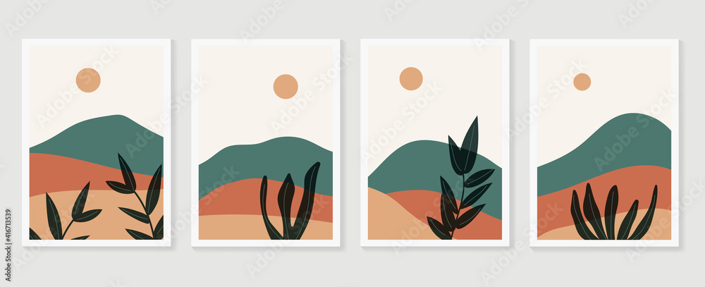 Mountain and Botanical wall art vector set. Earth tones landscapes wallpaper. Oasis Tropical backgrounds collection with mountain, sand, palm,Twigs leaf, moon or sun. Vector illustration.