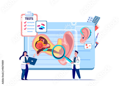 Audiologist Professors Scientists ENT-Doctors Examine Ear Anatomy Structure.Inflammation,Ear Pain.Otitis Digital Treatment.Research,Clinical Investigation. ORL Clinic. Medical Diagnostics Illustration photo