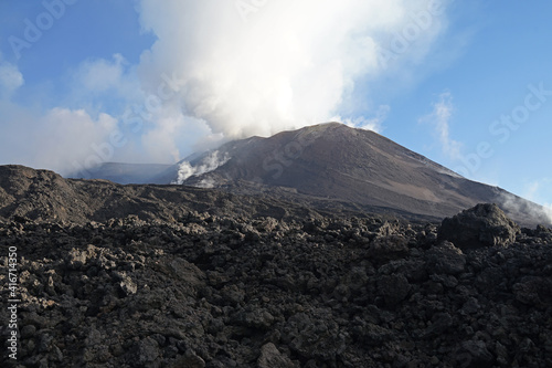 Mount Etna summit crater with dangerous active volcanic activity before eruption, Etna summit and crater trek hiking tour concept, Sicily, Italy
