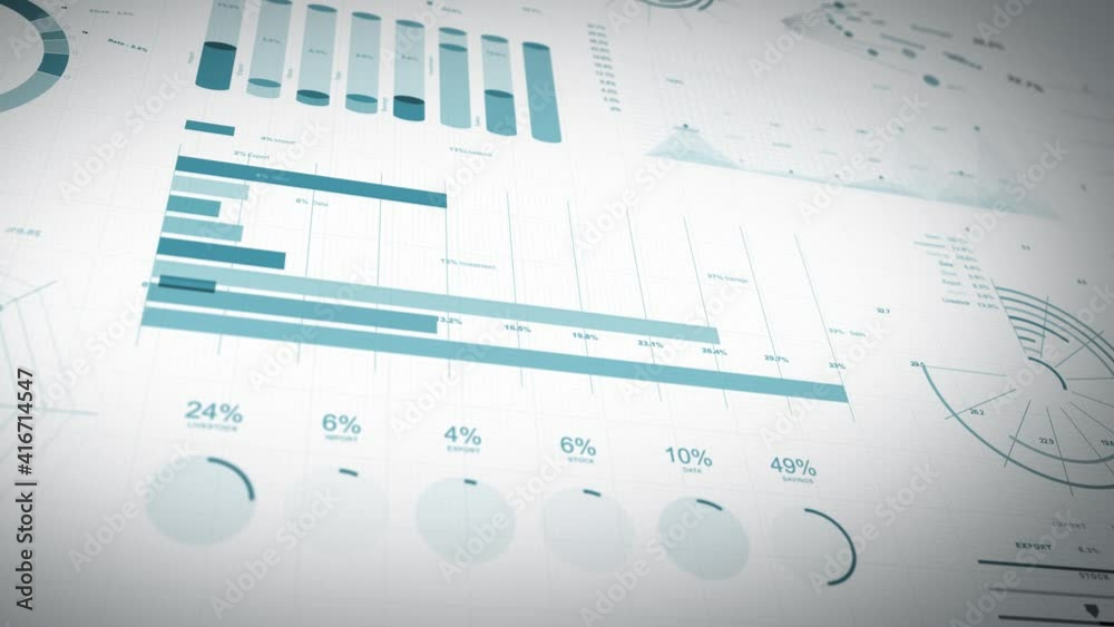 Business Statistics, Market Data And Infographics Layout/ 4k animation of a set of design business and market data analysis and reports, with infographics, bar stats, charts and diagrams