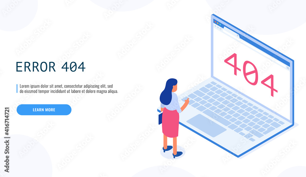 404 Error. Woman watching page not found message on laptop display cartoon character. Client service not available. Web banner, infographics. Isometric vector.
