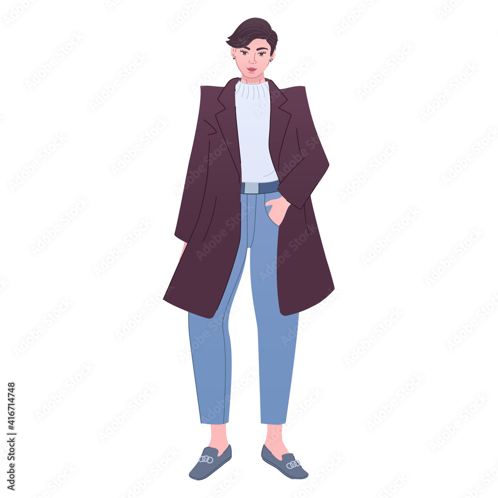 Tomboy-like lady wears trendy outfit. Woman in modern fashion outfit. Masculine girl in coat, jumper and banana pants. Menswear style for autumn or spring. Fashion sketch of stylish female outfit Tomboy-like lady wears trendy outfit. Woman in modern fashion outfit. Masculine girl in coat, jumper and banana pants. Menswear style for autumn or spring. Fashion sketch of stylish female outfit