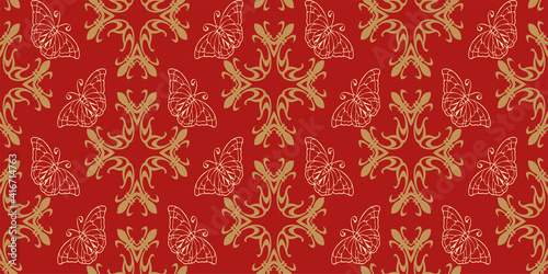 Vector seamless pattern with decorative ornaments and butterflies on a red background texture wallpaper for your design