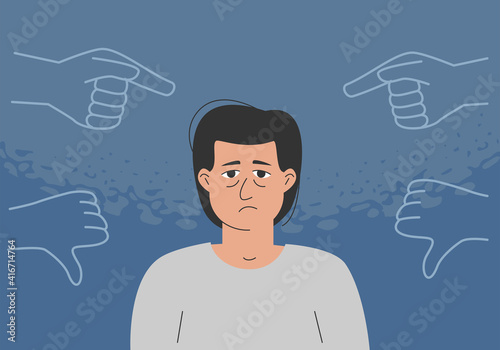 The concept of bullying, inner critic, negative self talk, low self-esteem. The sad man is surrounded by condemning gestures.