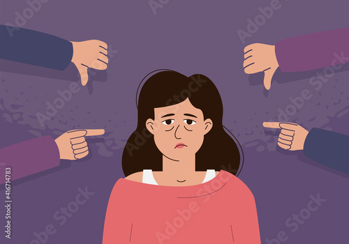The concept of internal criticism, negative self-talk, bullying . The depressed woman is surrounded by mocking gestures.