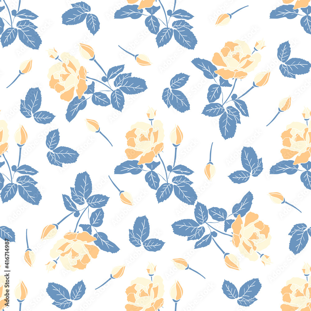 Fototapeta premium Delicate yellow roses seamless pattern. Hand drawn flat silhouettes of flowers. Rich floral ornament of lush inflorescence scrapbooking wrapping paper. Stock vector illustration on white background.