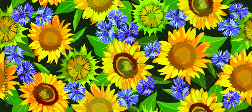 Sunflowers and wildflowers vector seamless pattern