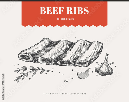 Beef ribs vector illustration. Hand-drawn piece of meat on a light background. The concept of fresh agricultural products. Design element for menu, flyer, poster of a butcher shop, market, restaurant.
