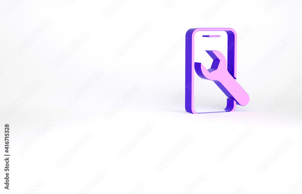 Purple Mobile phone with wrench icon isolated on white background. Adjusting, service, setting, maintenance, repair. Minimalism concept. 3d illustration 3D render. Purple Mobile phone with wrench icon isolated on white background. Adjusting, service, setting, maintenance, repair. Minimalism concept. 3d illustration 3D render.