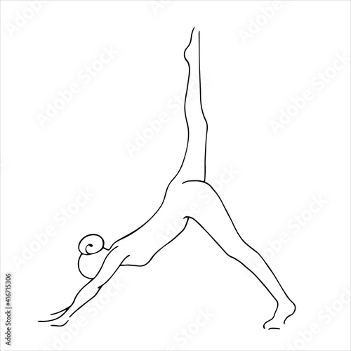 Girl doing yoga, Leg Downward Facing Dog pose. Doodle freehand drawing, vector illustration on the theme of fitness and healthy lifestyle photo