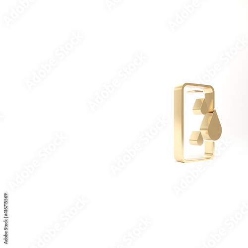 Gold Waterproof mobile phone icon isolated on white background. Smartphone with drop of water. 3d illustration 3D render.