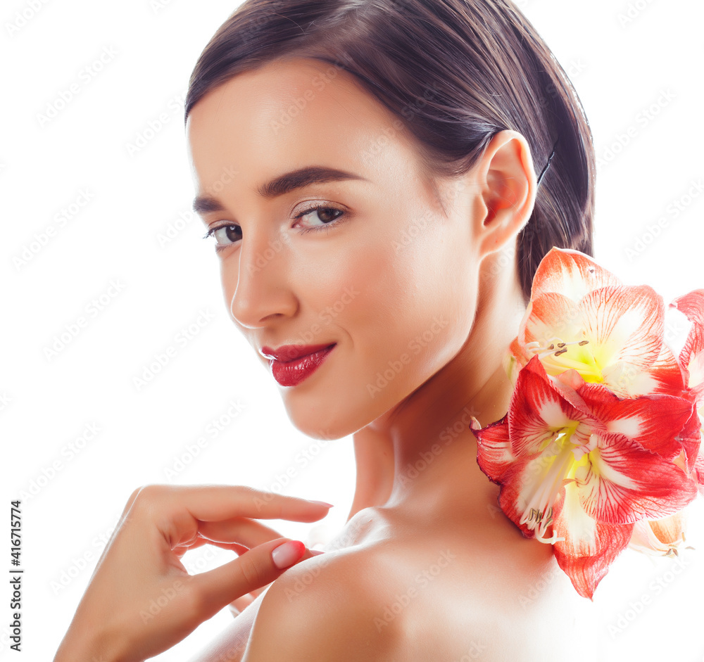 young pretty brunette real woman with red flower amaryllis close up isolated on white background. Fancy fashion makeup, bright lipstick, creative Ombre manicured nails young pretty brunette real woman with red flower amaryllis close up isolated on white background. Fancy fashion makeup, bright lipstick, creative Ombre manicured nails