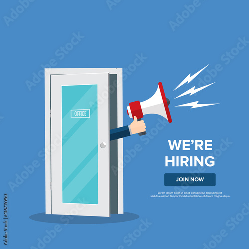 We're hiring design template business banner. Employment recruitment. Businessman holds megaphone in door of office. Open vacancy. Flat style vector illustration
