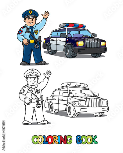Policeman in uniform and police car. Coloring book