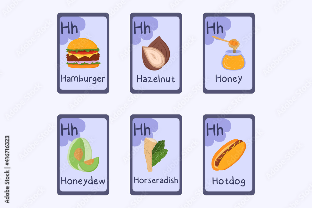 Colorful Phonics flashcard Letter H - hamburger, hazelnut, honey, honeydew, horseradich, hotdog. Food themed ABC cards for teaching reading with foods, vegetables, fruits and nuts. Series of ABC.