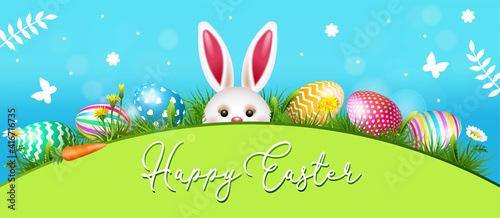 Happy Easter Illustration With Colorful Painted Eggs and Rabbit. Vector illustration for banner or decor.