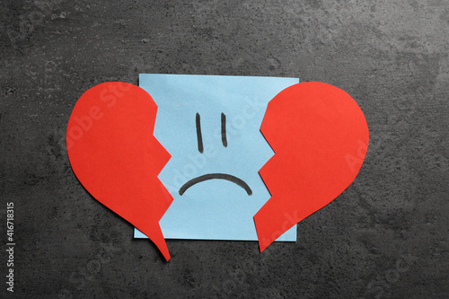 Картината върху платно Sticker with sad face and broken heart on grey background, flat lay