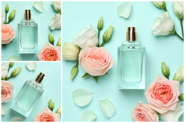 Creative collage with photos of luxury perfume and beautiful flowers on color backgrounds