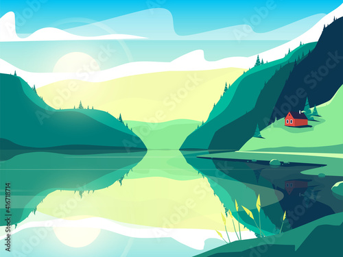 Colorful vector illustration of a scandinavian fjord at sunrise photo