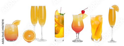 Obraz na plátne Set with delicious Mimosa cocktails on white background, banner design