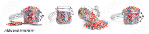 Set with colorful sprinkles on white background, banner design. Confectionery decor photo