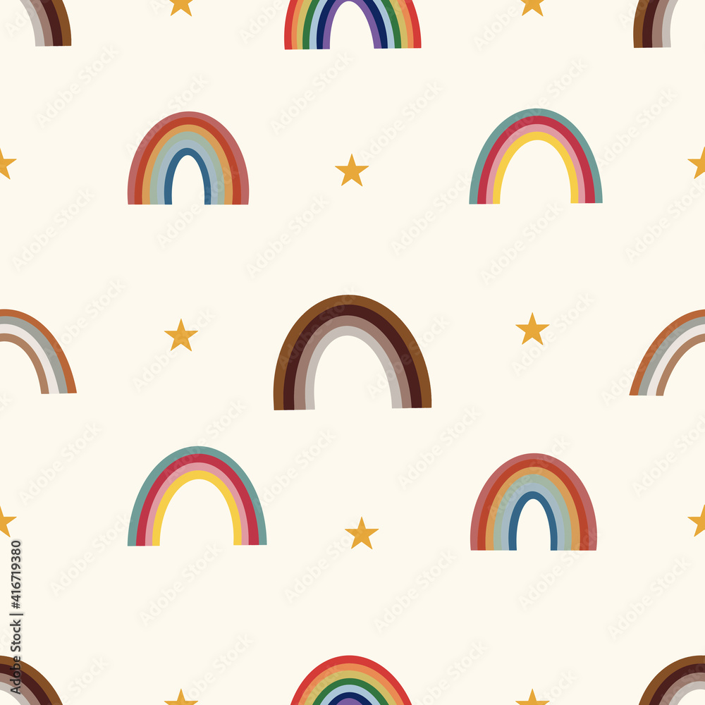 Fototapeta Seamless pattern with rainbow and stars. Backgrounds and wallpapers for invitations, cards, fabrics, packaging, textiles. Vector illustration.
