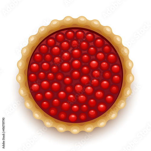 Red cherry pie covered with jelly isolated on white
