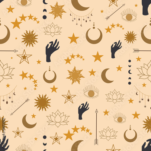 Mystical seamless pattern with sun, crescent, arrows, stars, eye, hand and lotus. Backgrounds and wallpapers for cards, fabrics, packaging, textiles. Vector illustration.
