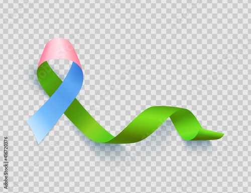 Symbol of rare disease, realistic pink, green, blue ribbon. Template for awareness day on 28 february over transparent background, vector illustration.