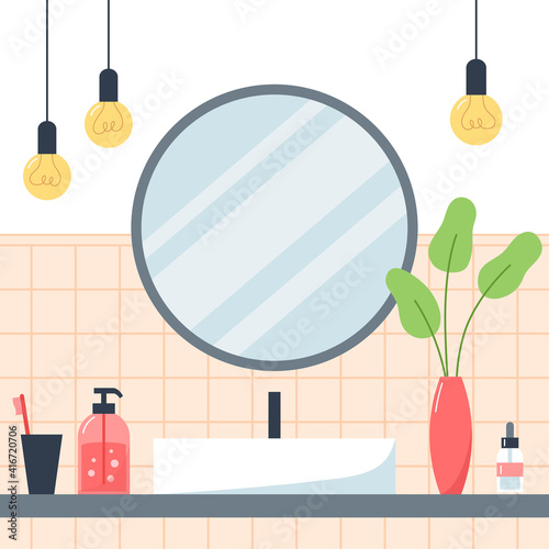 Interior of bathroom with washbasin and round mirror, flat style