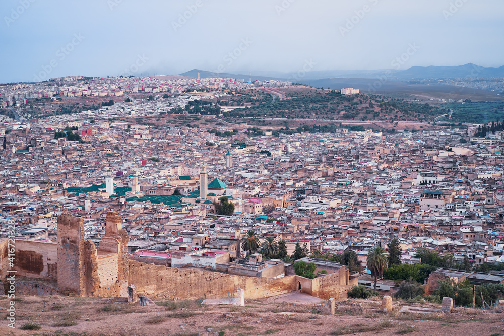 View of Fez City from the viewpoint. Fes el Bali Medina, Morocco, Africa