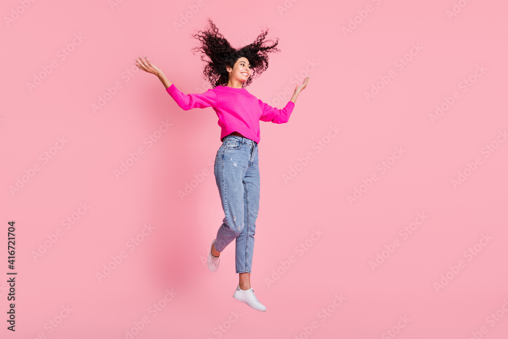 Full size photo of young happy positive good mood woman jumping with ...