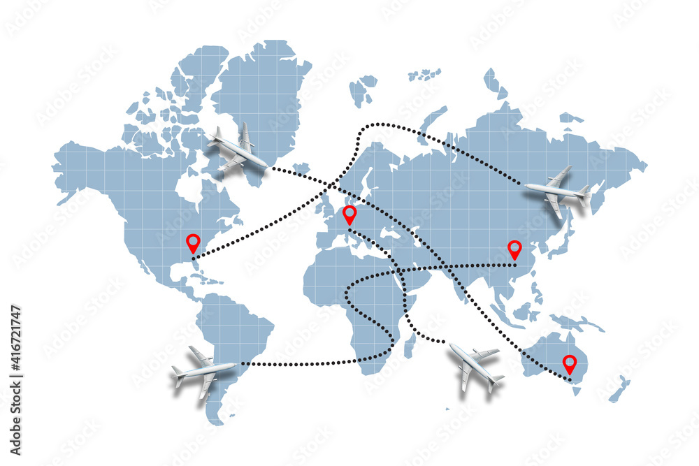 Concept of different paths of aircraft flight on the world map 스톡 사진 ...