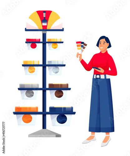 Woman choosing paint in hardware shop. Young happy girl with phone standing and looking at paint colors vector illustration. Female in materials store isolated on white background