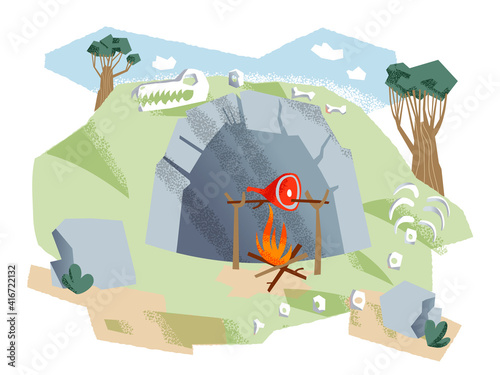 Cave of cavemen with food on fire in Stone Age background. Prehistoric ancient history scene in nature vector illustration. Home of savage people outdoor in summer, skull, bones and stones