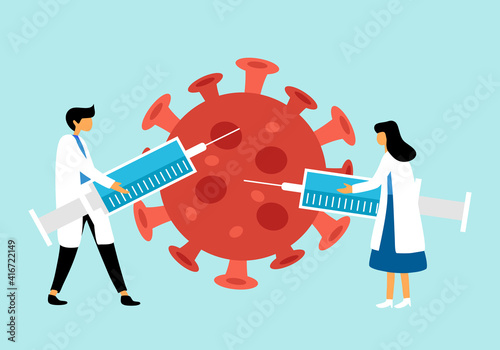 Doctor holding injection syringe for covid19 Coronavirus cells in flat design. Covid19 vaccine for health protection concept vector illustration.
