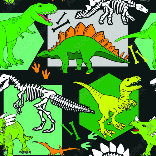 Seamless  Dino pattern  print for T-shirts  textiles  wrapping paper  web. Original design with t-rex dinosaur skeleton.  grunge design for boys . 