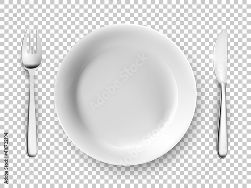 White plate, fork, knife table cutlery set. Empty dishes for dinner, breakfast or lunch vector illustration. Clean dining utensils isolated on transparent background, above view