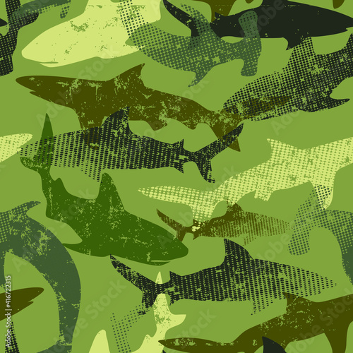 Abstract seamless pattern with sharks.Grunge modern background for boys and girls,  For prints, T-shirts, textiles,fabric, web. Urban dark wallpaper.