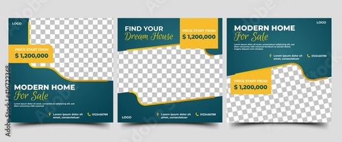 Social media post template design bundle for house selling. Promotion banner with a dark blue background and yellow frame. Usable for social media, flyers, banners, and web ads.