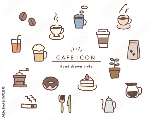 手描きのカフェのアイコンセット　コーヒー　珈琲　紅茶　スイーツ　イラスト　飲み物　マグカップ