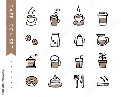 手描きのカフェのアイコンセット　コーヒー　珈琲　紅茶　スイーツ　イラスト　飲み物　マグカップ