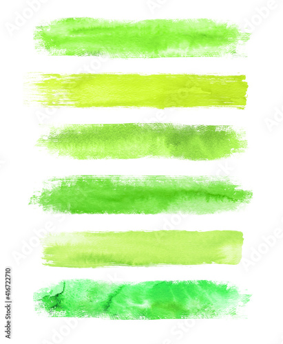 Watercolor lime green brush strokes isolated on white background. Abstract collection, elements for design.
