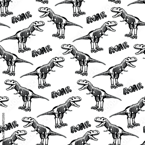 Seamless Dino pattern, print for T-shirts, textiles, wrapping paper, web. Original design with t-rex,dinosaur skeleton. grunge design for boys . 