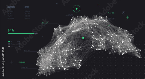 Cluster analysis. Big data visualization. Social media graph. Global data network. Cloud computing. Communication system.