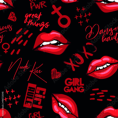 hand drawn fashion girls pattern. Colourful modern teenagers background with graffiti elements, stickers. girlish  print for textile, clothes, wrapping paper.