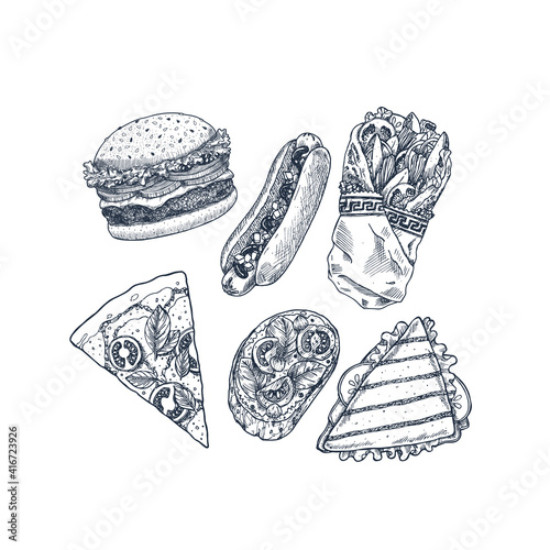 Hand drawn fast food set. Pizza, Italian bruschetta, burger, sandwich, hotdog, greek gyros. Vector illustration.  photo